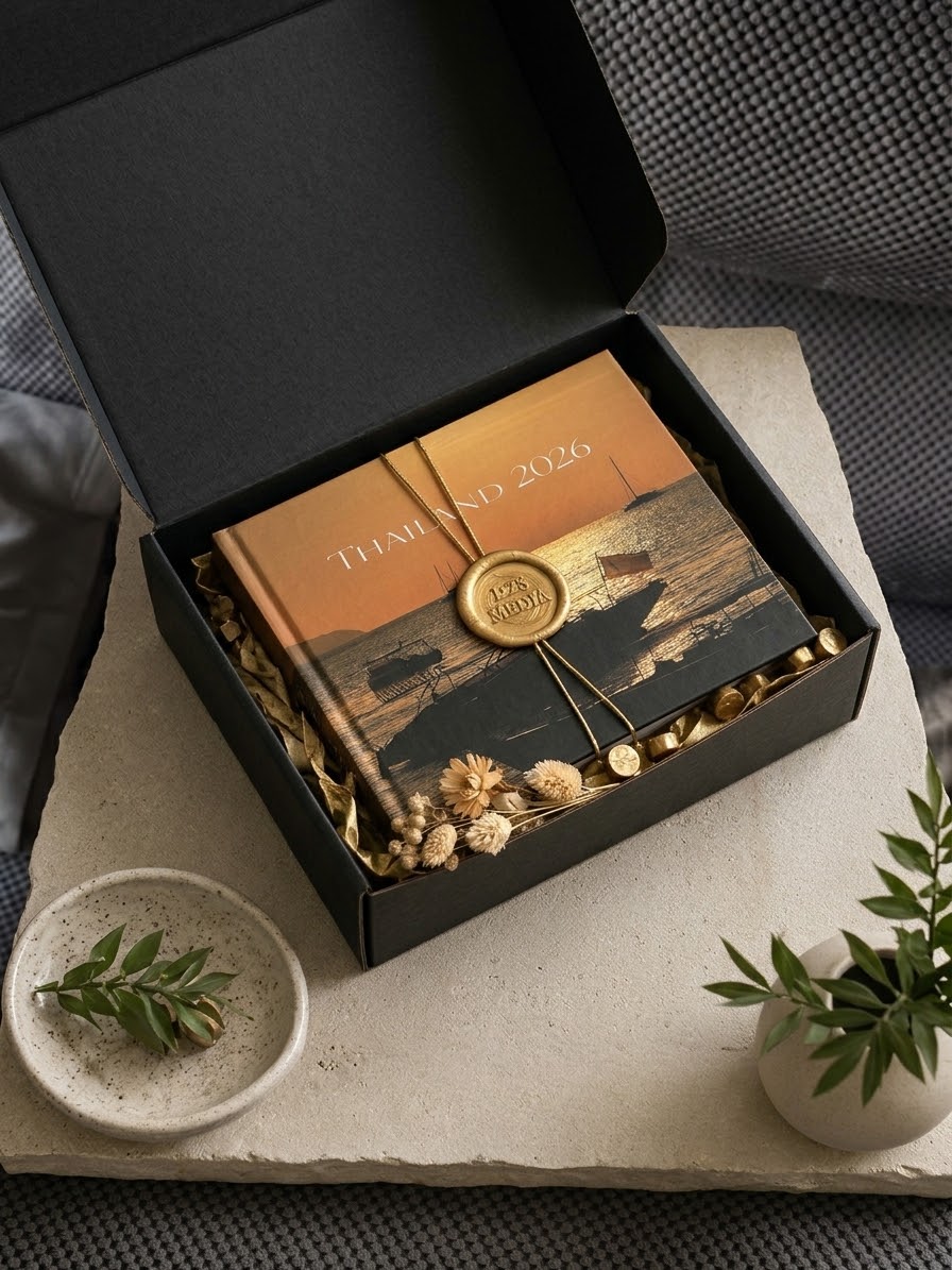 Photo book in a black box with a gold wax seal