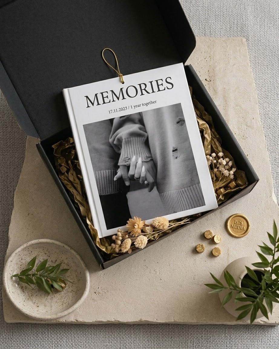 Memories photo book packaged in a black box with dried flowers