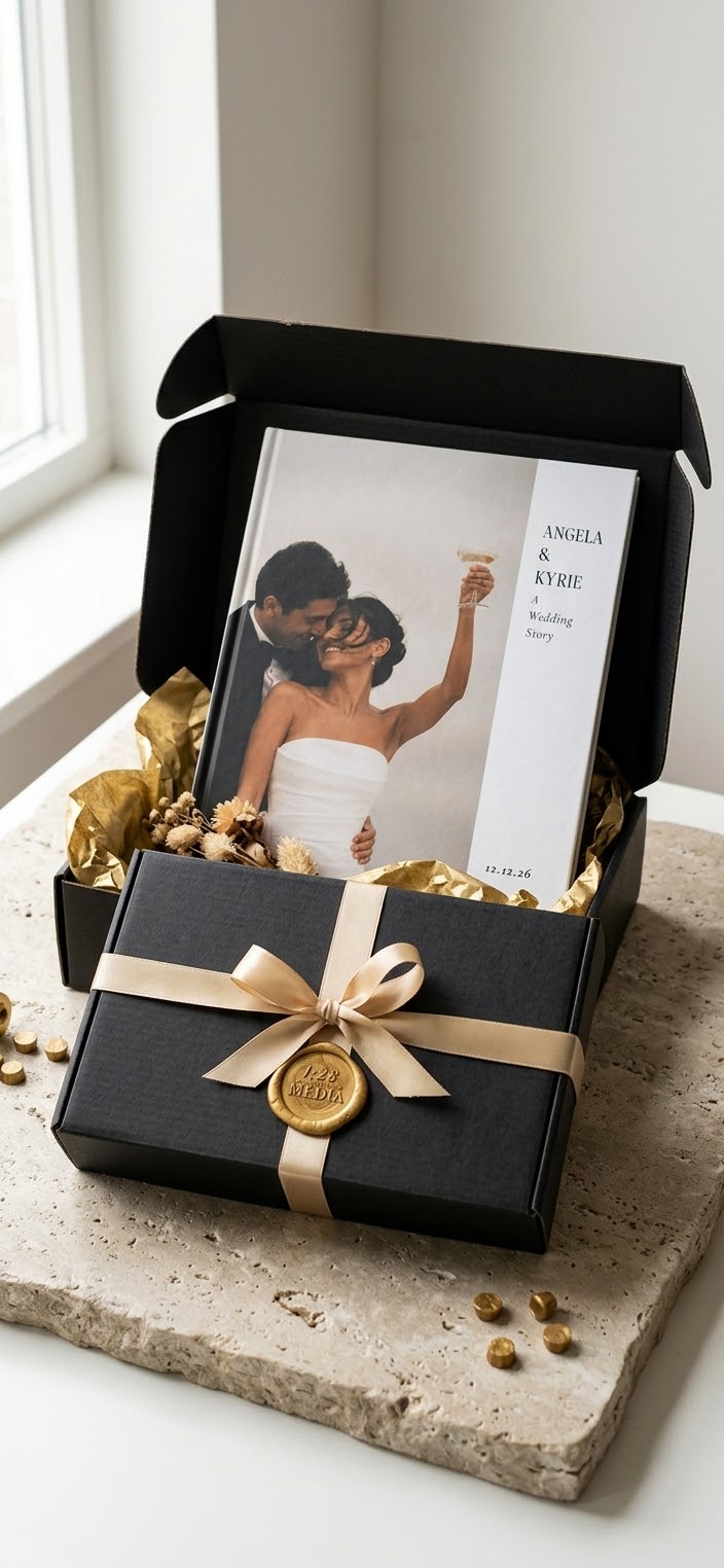 Wedding photo book presented in a black keepsake box with a gold ribbon and wax seal
